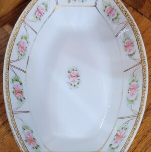 Classic Floral Porcelain Serving Platter with Pink Rose and Gold Trim